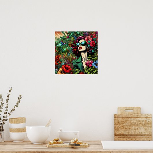 Hübsche Frau im Blumengarten Poster (Küche)