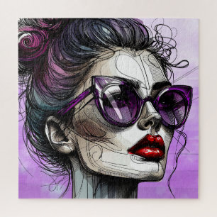Hübsche Frau in Purple-Sonnenbrille und Roter Lips Puzzle
