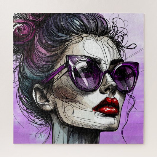 Hübsche Frau in Purple-Sonnenbrille und Roter Lips Puzzle (Vertikal)