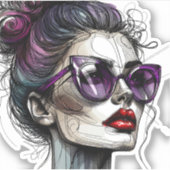 Hübsche Frau in Sonnenbrille und Lila Lipstick Aufkleber (Vorderseite)