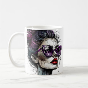 Hübsche Frau in Sonnenbrille und Lila Lipstick Kaffeetasse