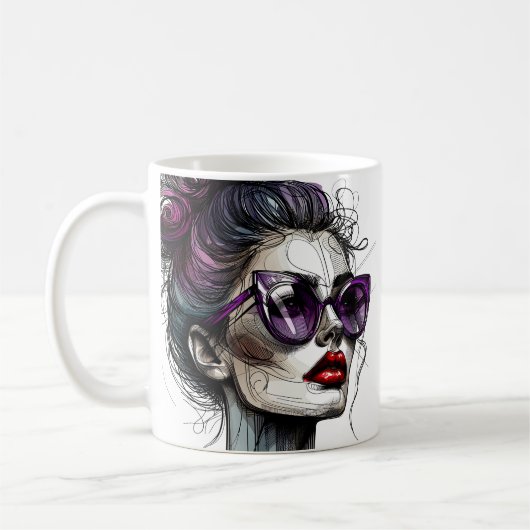 Hübsche Frau in Sonnenbrille und Lila Lipstick Kaffeetasse (Links)