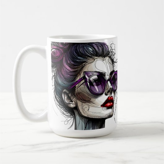 Hübsche Frau in Sonnenbrille und Lila Lipstick Kaffeetasse (Links)