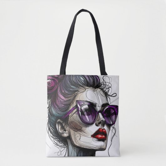 Hübsche Frau in Sonnenbrille und Lila Lipstick Tasche (Vorderseite)