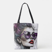 Hübsche Frau in Sonnenbrille und Lila Lipstick Tasche (Rückseite)