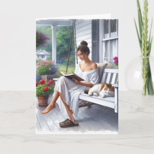 Hübsche Frau lesen ein Buch zum Geburtstag Karte (Vorderseite)