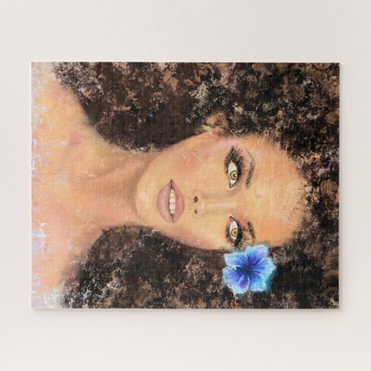Hübsche Frau mit blauer Blume - Originalgemälde Puzzle (Horizontal)