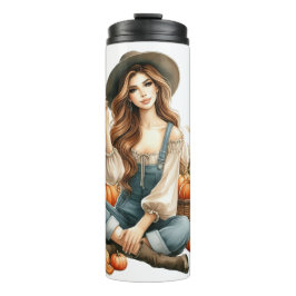 HÜBSCHE FRAU MIT BROWNEN HAAR & FALL PUMPKINS THERMOSBECHER