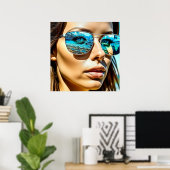 Hübsche Frau mit Reflektion der Sonnenbrille Poster (Heimbüro)