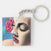 Hübsche Frau mit Rose Schlüsselanhänger (Rückseite)