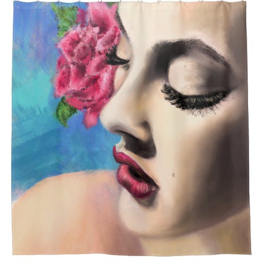 Hübsche Frau mit Rote Rose Duschvorhang (Vorderseite)