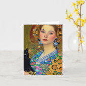 Hübsche Frau mit schwarzer Katze Karte (Gelbe Blume)