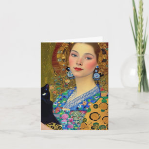 Hübsche Frau mit schwarzer Katze Karte