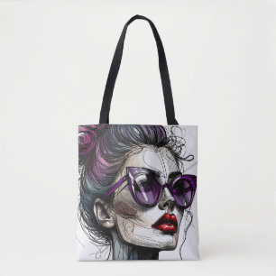 Hübsche Frau mit Sonnenbrille und lila Lippenstift Tasche