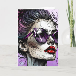 Hübsche Frau mit Sonnenbrille und violetter Sonnen Karte