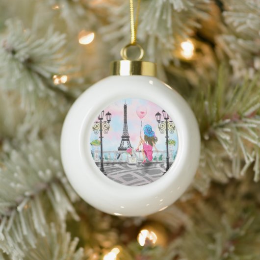 Hübsche Frau und Rosa Herzballon - I Liebe Paris Keramik Kugel-Ornament (Baum)