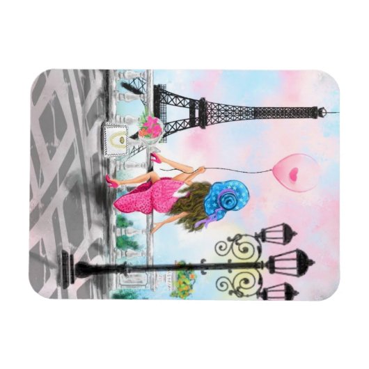 Hübsche Frau und Rosa Herzballon - I Liebe Paris Magnet (Horizontal)