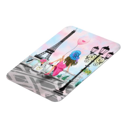 Hübsche Frau und Rosa Herzballon - I Liebe Paris Magnet (Linke Seite)