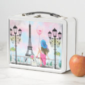 Hübsche Frau und Rosa Herzballon - I Liebe Paris Metall Brotdose (Beispiel)