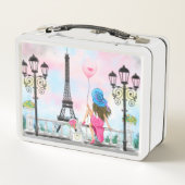 Hübsche Frau und Rosa Herzballon - I Liebe Paris Metall Brotdose (Rückseite)