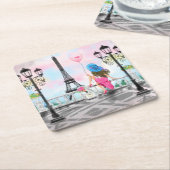 Hübsche Frau und Rosa Herzballon - I Liebe Paris Rechteckiger Pappuntersetzer (angewinkelt)