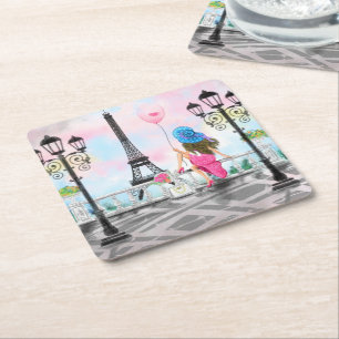 Hübsche Frau und Rosa Herzballon - I Liebe Paris Rechteckiger Pappuntersetzer