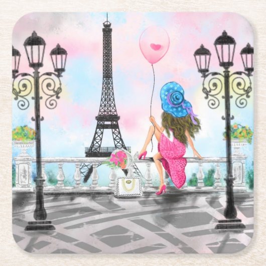 Hübsche Frau und Rosa Herzballon - I Liebe Paris Rechteckiger Pappuntersetzer (Vorderseite)