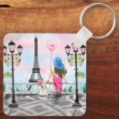 Hübsche Frau und Rosa Herzballon - I Liebe Paris Schlüsselanhänger (Rückseite)