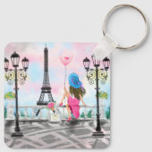 Hübsche Frau und Rosa Herzballon - I Liebe Paris Schlüsselanhänger (Rückseite)