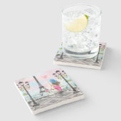 Hübsche Frau und Rosa Herzballon - I Liebe Paris Steinuntersetzer (Seitenansicht)