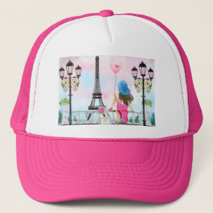 Hübsche Frau und Rosa Herzballon - I Liebe Paris Truckerkappe