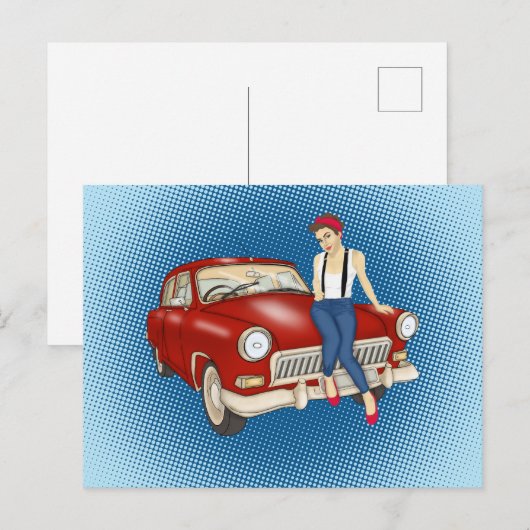 Hübsche Frau und rotes Auto Postkarte (Vorne/Hinten)