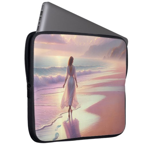 Hübsche Frauen Verließ Fußabdrücke am Strand Laptopschutzhülle (Vorne Rechts)