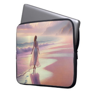 Hübsche Frauen Verließ Fußabdrücke am Strand Laptopschutzhülle