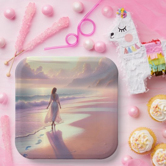 Hübsche Frauen Verließ Fußabdrücke am Strand Pappteller (Party)