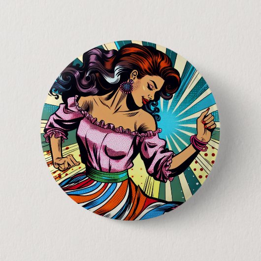 Hübsche Frauentänzerin Salsa Pop Art Button (Vorderseite)