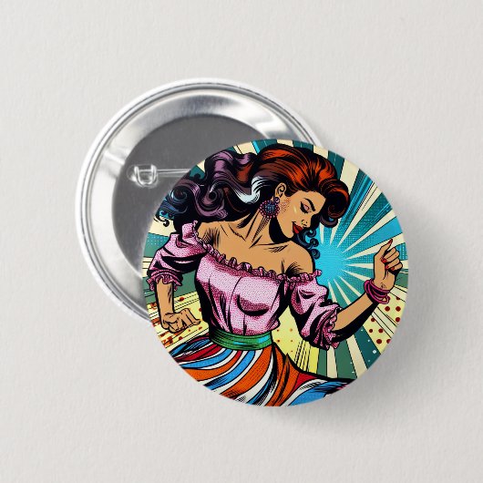 Hübsche Frauentänzerin Salsa Pop Art Button (Vorne & Hinten)