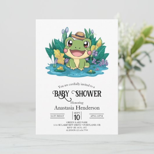 Hübsche Frog Baby Dusche Einladung (Stehend Vorderseite)