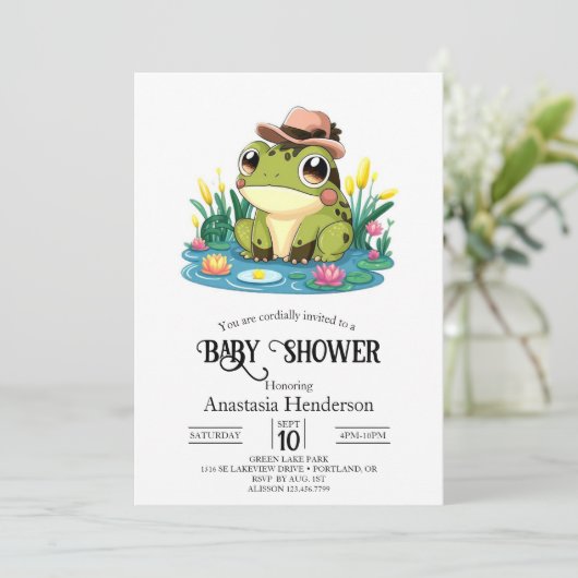Hübsche Frog Baby Dusche Einladung (Stehend Vorderseite)