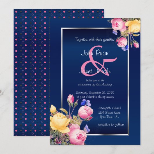 Hübsche Frühlingsblumen auf Navy Blue Wedding Einladung (Vorne/Hinten)