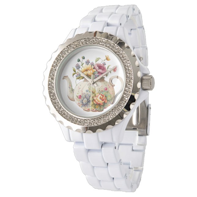 Hübsche Frühlingsblumen Elegante Teapot Armbanduhr (Schrägansicht)