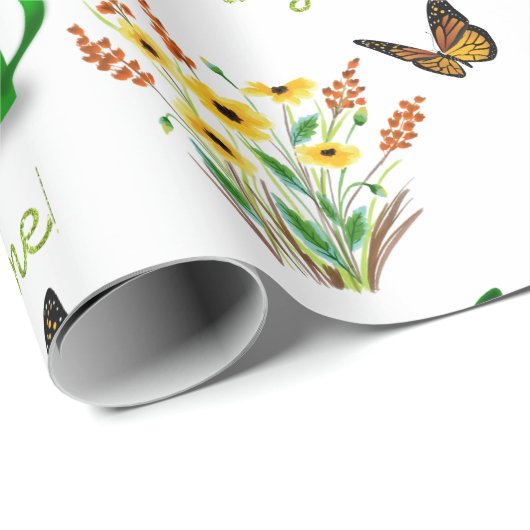 Hübsche Frühlingsgelbe Blumen mit Schmetterlingen Geschenkpapier (Rolleneckpunkt)