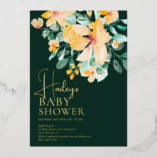 Hübsche Gartengelb-grüne Blütendusche Folieneinladung (Vorderseite)