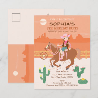 Hübsche Geburtstagsparty von Cowgirl und Pferd Einladungspostkarte
