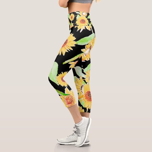 Hübsche Gelb- und Schwarz-Sonnenblumen Wasserfarbe Capri Leggings (Links)