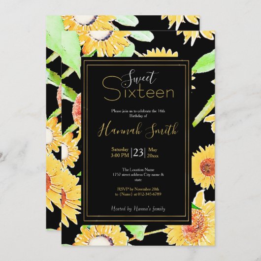 Hübsche Gelb- und Schwarz-Sonnenblumen Wasserfarbe Einladung (Vorne/Hinten)