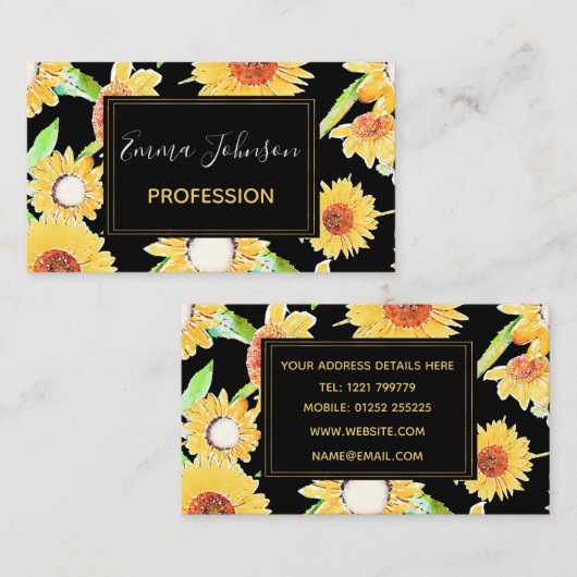 Hübsche Gelb- und Schwarz-Sonnenblumen Wasserfarbe Visitenkarte (Vorne/Hinten)