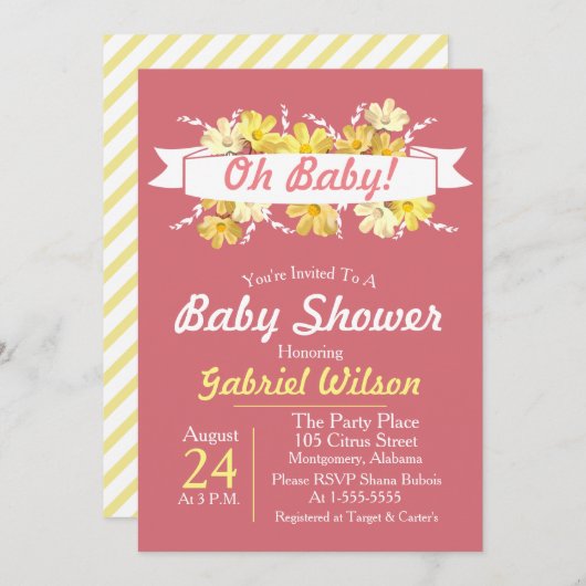 Hübsche gelbe Milchdusche und Pink-Baby-Dusche Einladung (Vorne/Hinten)