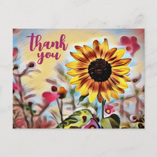 Hübsche Gelbe Sonnenblumen und rosa Blume Danke Postkarte (Vorderseite)
