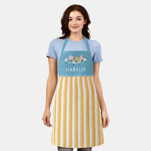 Hübsche gelbe Streifen Blaugelbe Blüten Schürze (Getragen)